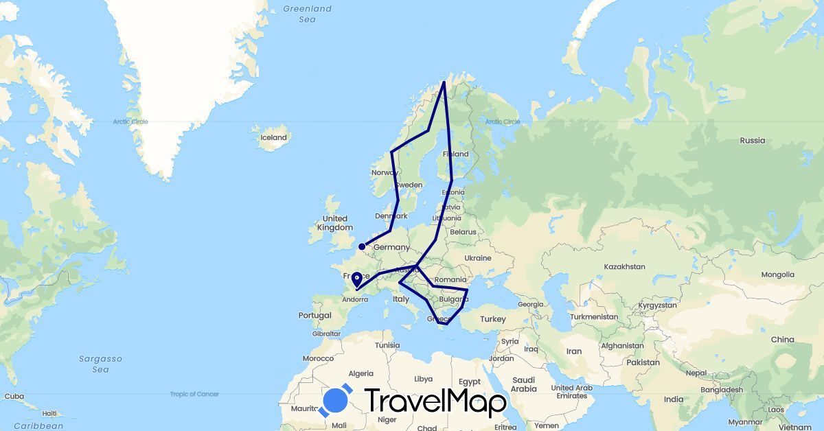 TravelMap itinerary: driving in Austria, Belgium, Switzerland, Germany, Finland, France, Greece, Italy, Montenegro, Norway, Poland, Romania, Serbia, Sweden, Turkey (Asia, Europe)